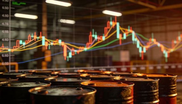 Crude oil barrels in industrial warehouse with candlestick stock market chart overlay