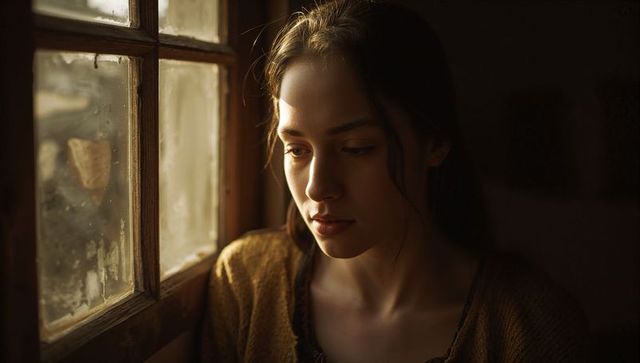 Gazing woman by sunlit wooden window, moody introspective indoor portrait, warm light