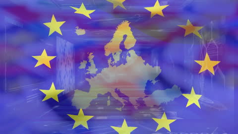 European Union Flag with Data Processing Animation Overlay
