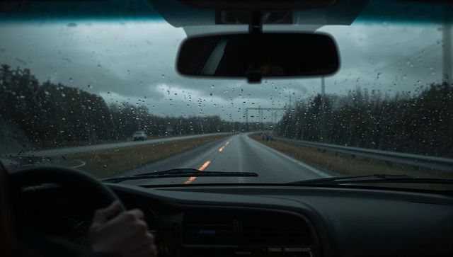 Moody Rainy Drive Hands on Wheel Guiding Car on Wet Two-Lane Road at Dusk