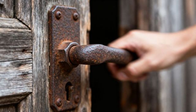 Hand pulling rusted door handle on weathered wooden shed revealing dark interior