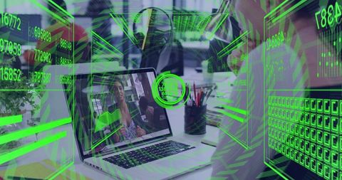 Virtual meeting holographic data overlays on laptop showing woman gesturing in open office