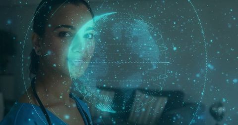 Female Doctor With Holographic Globe Digital Technology Healthcare