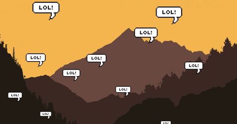 Humorous pixel speech bubbles overlaying sunset mountain silhouette