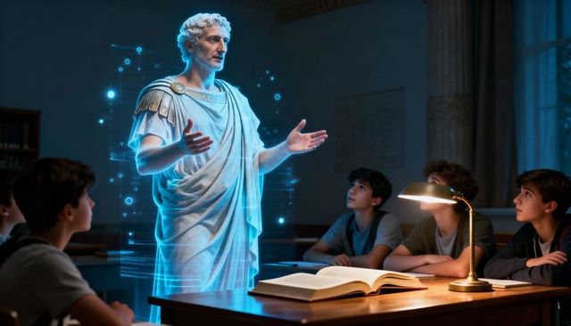 Holographic roman orator teaching modern students in candlelit study with ancient tome