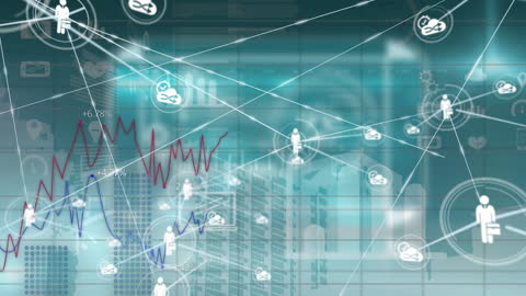 Digital Icons and Data Processing on Building Background