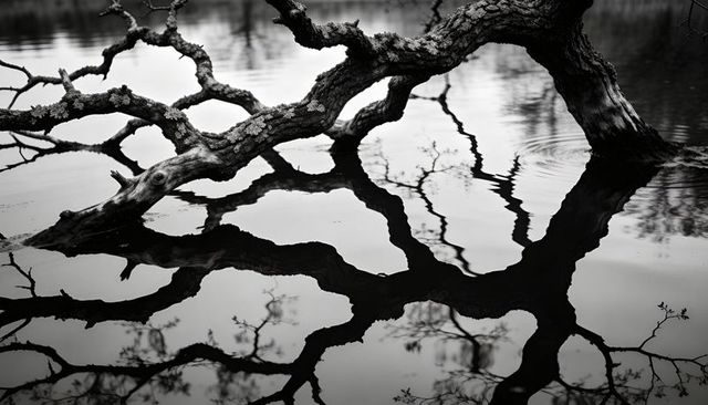 Gnarled branch reflecting on still water creating abstract monochrome silhouette