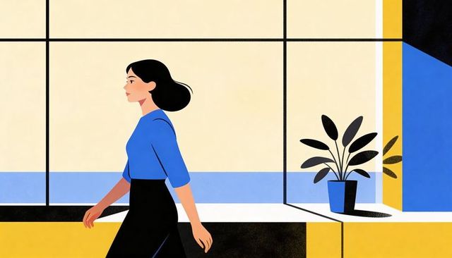 Minimalist woman walking through geometric modern lobby with grid window and potted plant