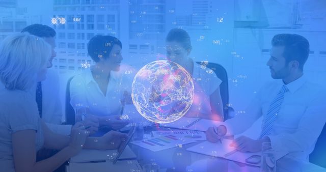 Composition of globe with data processing over diverse business people working at office. Business, finances and digital interface concept digitally generated image.
