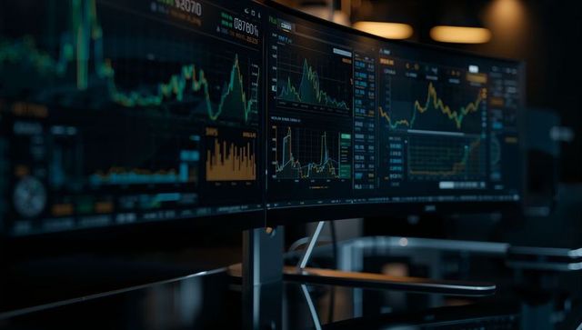 Curved Monitors Displaying Financial Charts in Trading Room