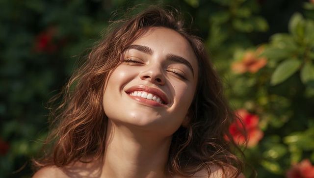 Sunlit carefree woman smiling with closed eyes in lush garden natural beauty headshot