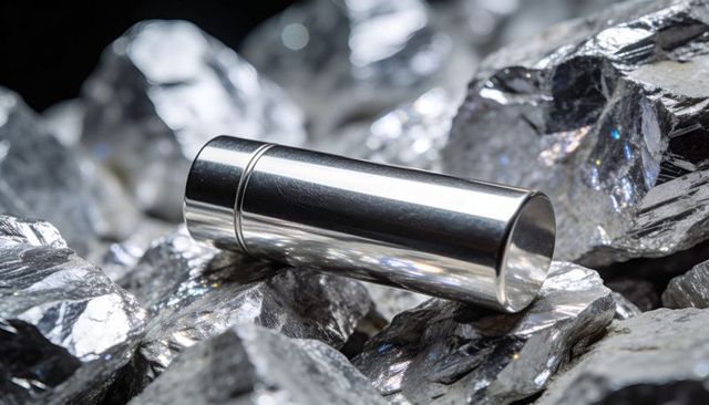 Polished chrome cylinder resting on silvery metallic ore, reflective industrial surface