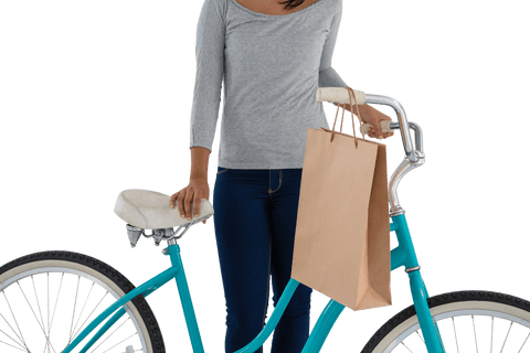 woman holding paper bag and blue bicycle on transparent background - Download Free Stock Videos Pikwizard.com