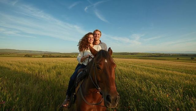 Romantic couple riding horse through golden meadow at sunset