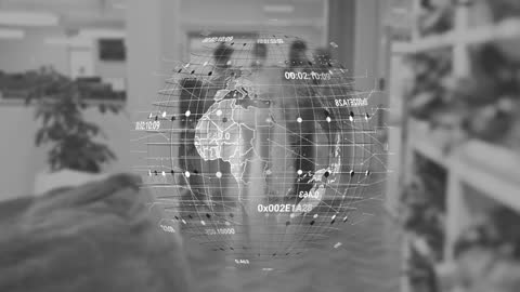 3D Digital Globe Overlay on Business Office Environment