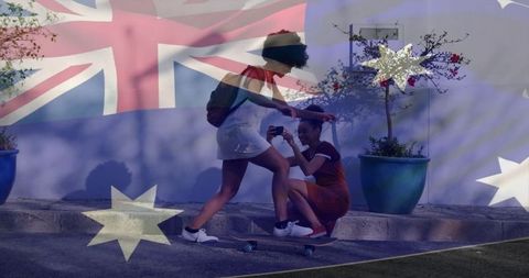 Friends Enjoying Skateboard Ride While Taking Selfies Outdoors
