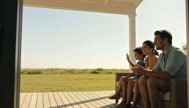 Family relaxing on sunlit porch parents and child sitting on wicker loveseat waving