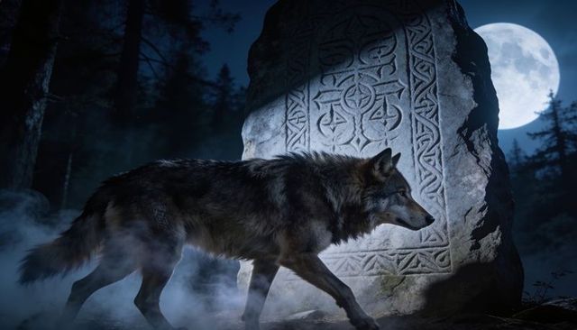 Lone wolf prowling ancient carved runestone under full moon in misty forest