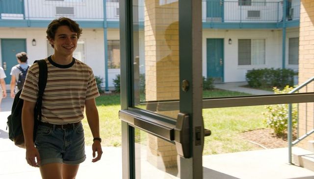 Teen student walking into dorm courtyard carrying backpack and smiling
