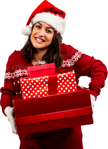 Festive Brunette in Santa Hat Holding Christmas Gifts Transparent Background