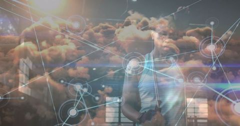 Digital network connections overlay on smartphone user for technology