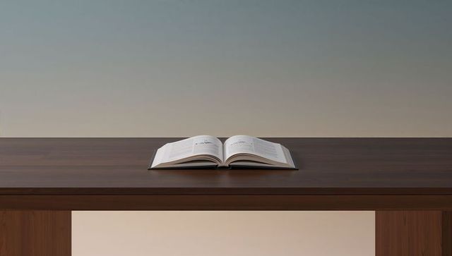 Open hardcover book resting on dark wood table with soft gradient background and shadow