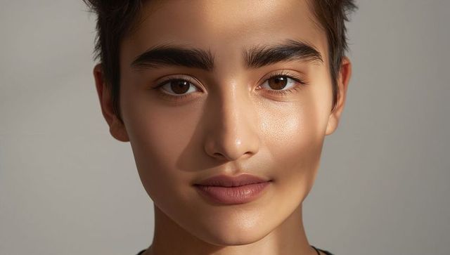 Teen female face filling frame studio closeup natural light casting shadow band wearing dark top