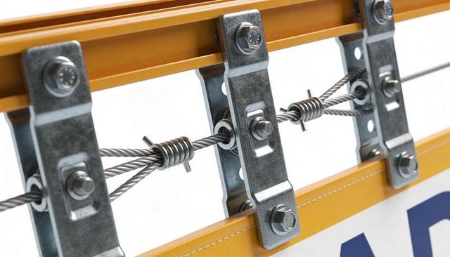 Galvanized steel cable and metal clamp securing vinyl banner on aluminum rail close-up