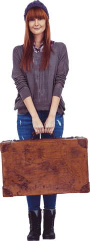 Smiling Hipster Woman Holding Vintage Suitcase Transparent Background - Download Free Stock Videos Pikwizard.com