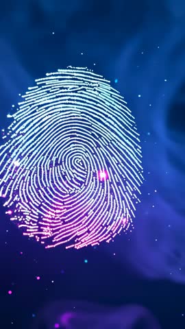 Vertical video glowing fingerprint scanning for biometric authentication on futuristic UI