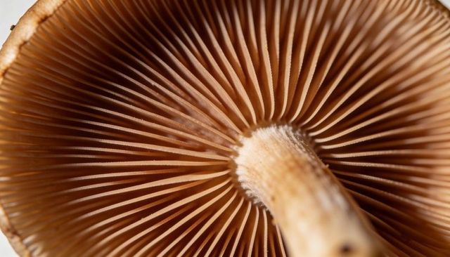 Macro mushroom gills closeup showing radial lamellae texture and fibrous stem