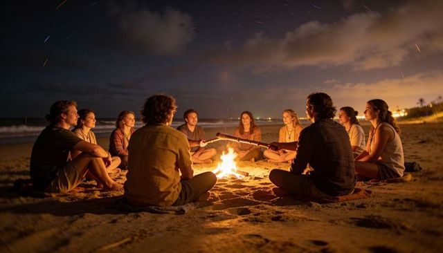 Friends gathering around beach bonfire at night sharing music and stories under stars