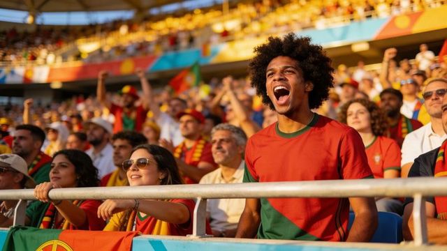 Cheering football fans wearing team colors and scarves in sunlit stadium crowd