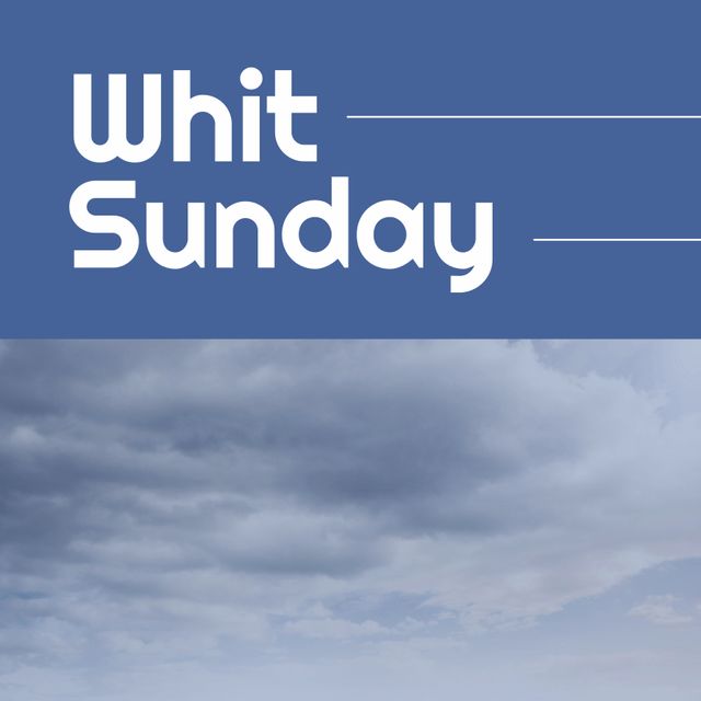 Conceptual design featuring Whit Sunday text over a backdrop of a cloudy sky. Useful for religious promotions, church events, or Christian teachings highlighting themes of faith and spirituality.