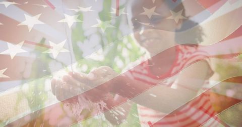 USA Flag Overlay on Girl Washing Hands Symbolizing Freedom