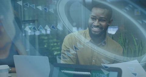 Smiling Professional Collaborating in Modern Office with Digital Interface Overlay