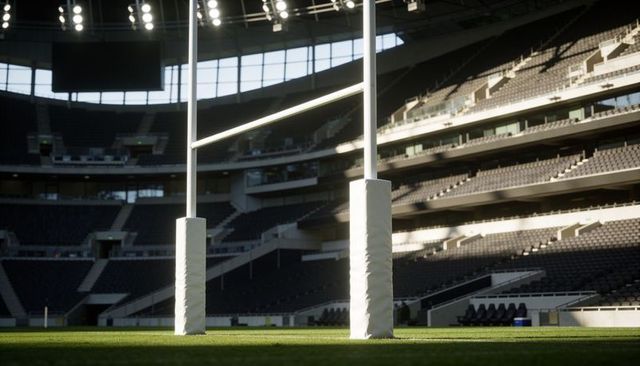 Padded rugby goalposts rising on empty stadium turf at golden hour with floodlights