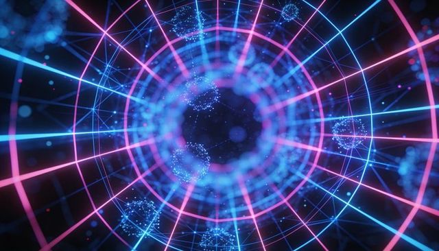 Pulsing neon wireframe tunnel receding into cyberspace with digital particle rings