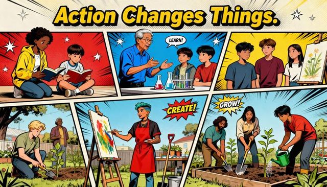 Community learning comic montage: garden, art, science, multigenerational collaboration