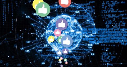 Streaming digital network sphere sending social likes via neon code and connected nodes