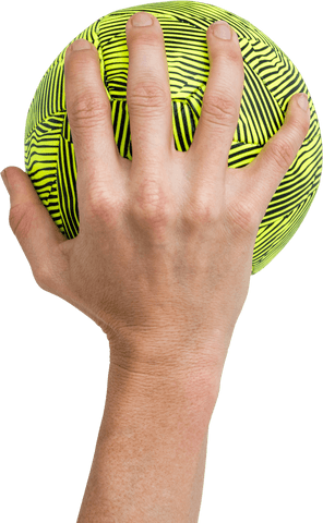 Close-up of hand gripping a striped ball, emphasizing athletic strength. Perfect for sports ads, illustrating physical health and exercise motivation, or promoting sports equipment and tournaments.