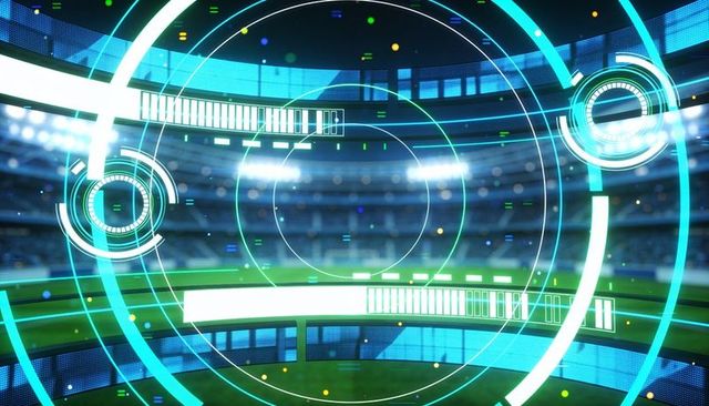 Projecting ar hud over stadium with neon telemetry rings, data bars and futuristic ui