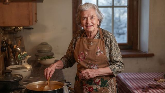 Elderly woman stirring soup in rustic farmhouse kitchen, warm cozy homestyle cooking