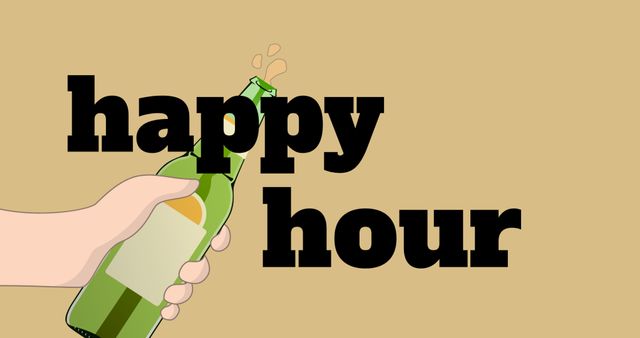 Illustration of a hand holding a beer bottle under bold black text reading 'happy hour'. Perfect for use in advertising bars, restaurants, pubs, and social events promoting drink specials or party invitations.