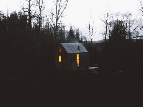 Cozy Cabin with Warm Glow in Misty Forest