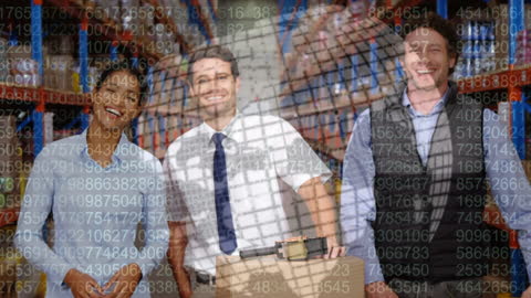 Diverse Team in a Warehouse with Data Overlay Concept