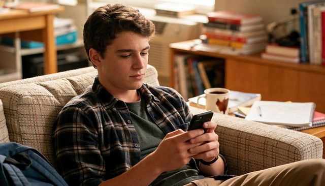 College student scrolling smartphone on couch in plaid flannel and khaki pants surrounded by books a