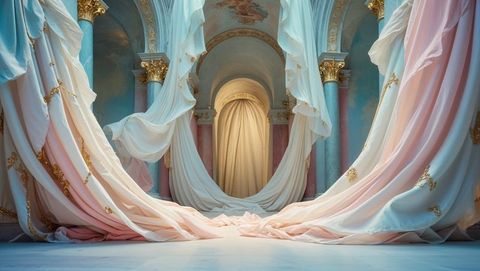 Elegant pastel draperies adorn luxurious marble interior