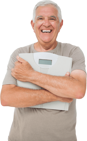 transparent cheerful senior man hugging weighing scales - Download Free Stock Videos Pikwizard.com