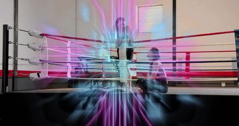 Women sparring in neon-glow boxing ring, intense training with red white blue ropes